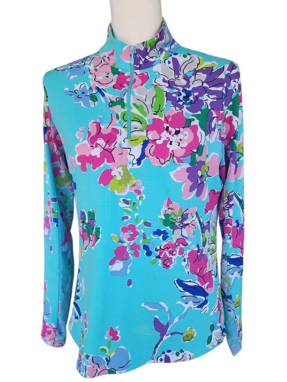 IBKUL Aqua Floral Mock-Neck Long Sleeve Top - Picture 2 of 9